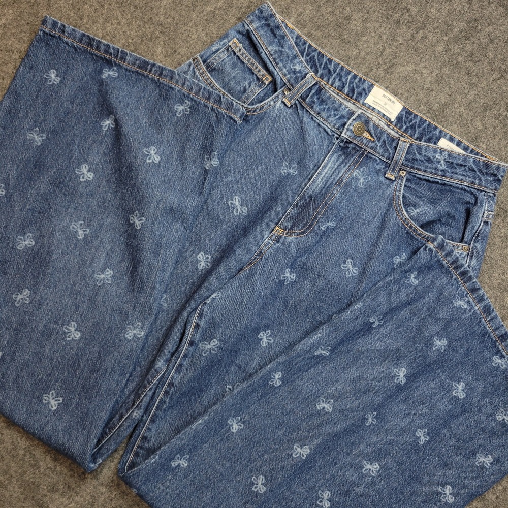Cotton On Jeans Womens 30 Blue Bow Print Relaxed Wide Leg Streetwear Boho Indie